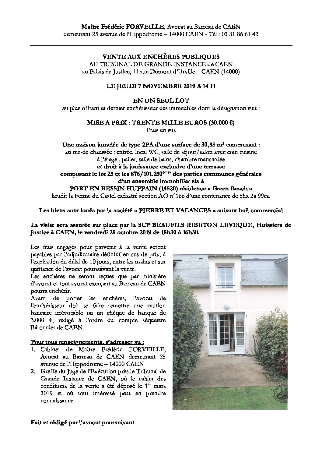 VENTE AUX ENCHERES PUBLIQUES – PORT EN BESSIN HUPPAIN – 7.11.2019 – TGI CAEN